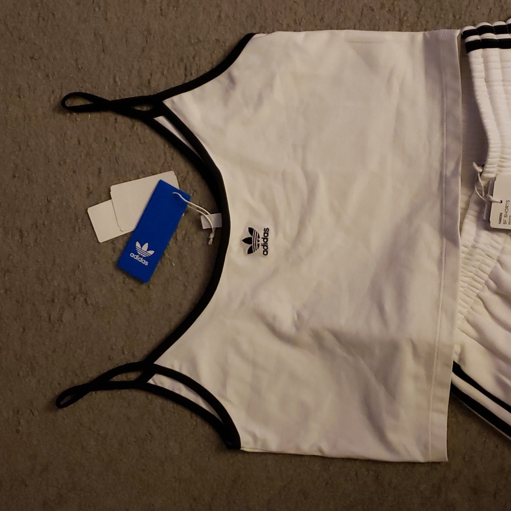 Adidas White Black Tank Top Jogger Fleece Shorts SET - Picture 7 of 10